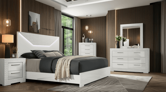 Complete Ivette bedroom set with bed, nightstands and dresser